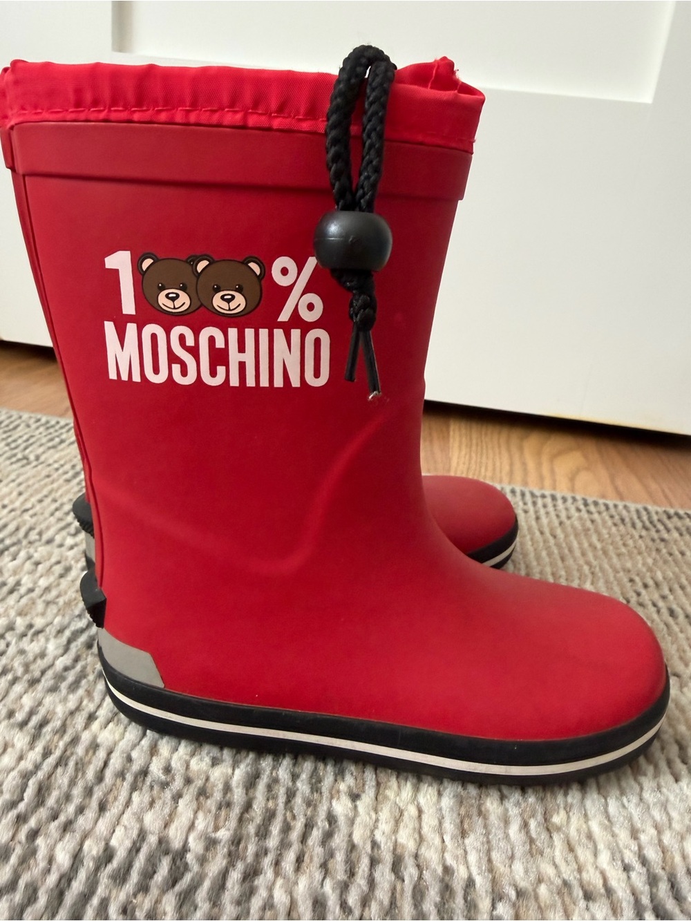 Moschino Red Logo Teddy Rain Boots with Black Toggle
